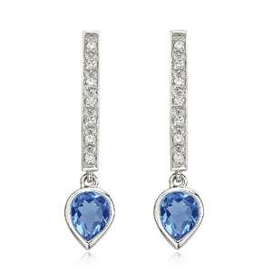   14K White Gold Pear Blue Topaz & Diamond Bar Dangle Earrings: Jewelry