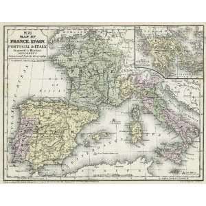 Mitchell 1852 Antique Map of France, Spain, Italy & Portugal:  