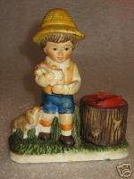 1980 CMA Porcelain Boy Candle Holder Figurine Puppy Dog  