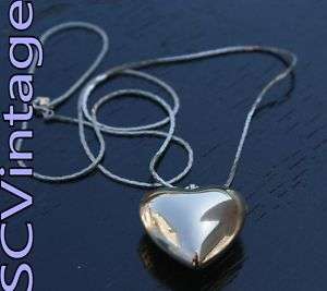 Vtg Puff Heart Pendant Necklace Chain Silver 80s Retro  