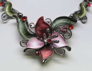 Red Enamel Flower Crystal Necklace Earring Set s0444  
