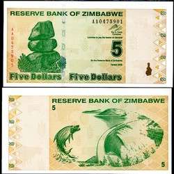 ZIMBABWE 5 DOLLARS 2009 P 93 REVISE TRILLION UNC  