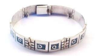Inlaid Turquoise Sterling Silver Link Bracelet; Mexico ~ 7 1/2