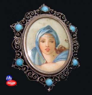 800 Silver Filigree + Turquoise Portrait Pendant Brooch Woman w/ Blue 
