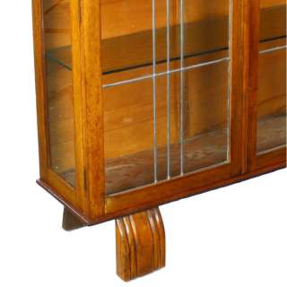 Original Art Deco Solid Oak Two Door Leaded Glass China Display 