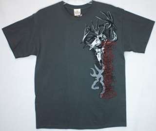 Browning T Shirt Buckmark Deer Logo Hunting Rifle Gun Skulls Gray NWT 