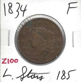 1834 Coronet Head Large Cent Small 8 Large Stars Fine z100  