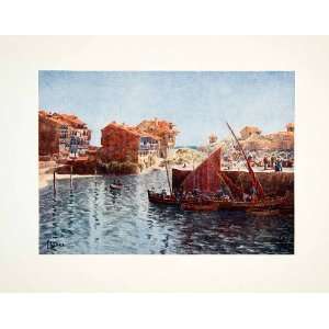 1906 Color Print Harbor Llanes Asturias Spain Sailboat Dock Pier Quay 