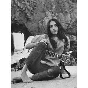  Folk Singer Joan Baez on the Beach with Guitar Near Her 