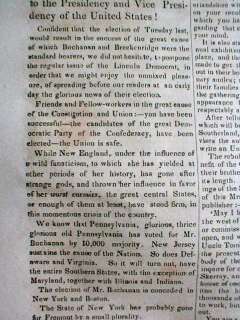 1856 newspaper w BIG headlines Democrat JAMES BUCHANAN ELECTED 