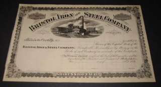 1890s Bristol IRON & Steel STOCK CERTIFICATE   VA. TN.  