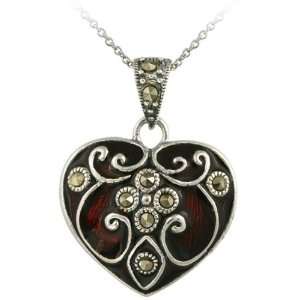  Sterling Silver Marcasite and Red Enamel Heart Necklace Jewelry