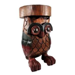    Hand Carved Acacia Wood Owl Stool Plant Stand
