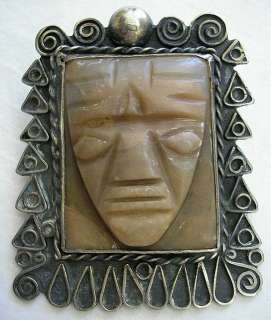 ESTATE BROOCH MEXICAN SILVER CARVED STONE FACE  