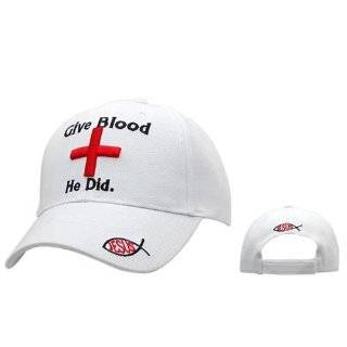 WHITE Christian Baseball Cap, Says Give Blood He Did with Red Cross 