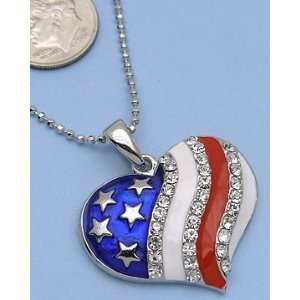  American Flag USA Heart with Crystal Stone Necklace 