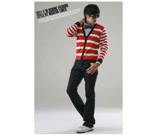 NWT Mens V Neck Striped Cardigan Knit Sweater Style Stripe Red Size 