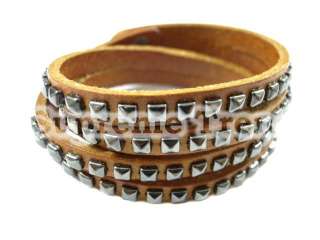 Fashion Pyramidal Metal Studs Multi Wrap Brown Leather Bracelet 697 