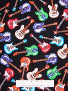 Multicolor Guitars Music Instrument Black Fabric Timeless Treasure 