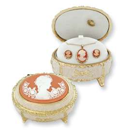 White Enameled Gold tone Oval Pewter Musical Cameo Box  