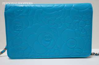   CHANEL TURQUOISE GHW CAMELLIA LEATHER WALLET ON A CHAIN WOC BAG  