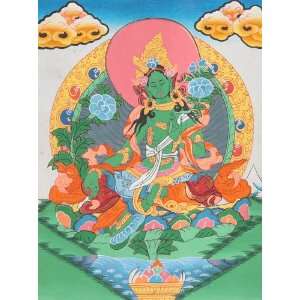   Green Tara   Tibetan Thangka Painting Without Brocade: Home & Kitchen
