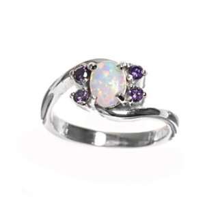 Sterling Silver 8mm Amethyst & White Lab Opal Ring (Size 6   9)   Size 