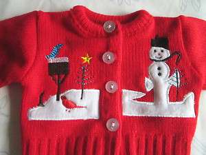 RED CARDIGAN SNOWMAN EMBROIDERED WINTERY SCENE fits American Girl 