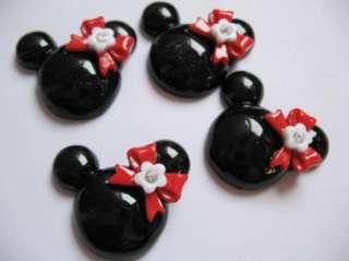 20 Resin Flatback Button Mouse Head w/Red Bow  Black  