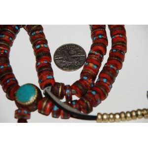  Old Flat Yak Bone Mala Inlayed with Coral and Turquoise 