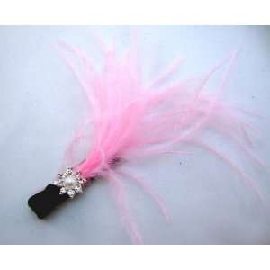 NEW Light Pink Vintage Hollywood Feather Hair Clip with Rhinestones 