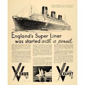  1935 Ad Velvet Pencils Cunard White Star Queen Mary 
