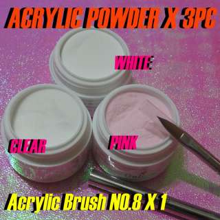 Nail CLEAR PINK WHITE Acrylic Powder + Brush Size.8 X 1  