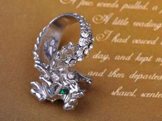 Roar Feisty Emerald Eye Shiny Silver Toned Dragon Ring  