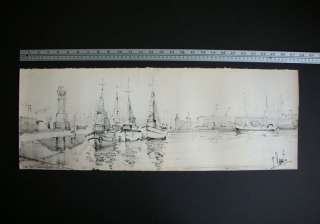 ANTIQUE PORT WITH FISHING BOATS INK DRAWING ILLEGIBLY SIGNED SPANISH 
