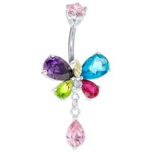  Sterling Silver Multi Color Butterfly CZ Belly Button Ring 