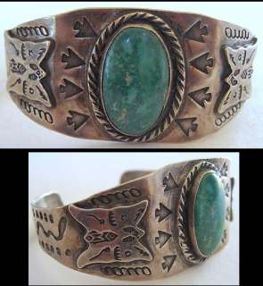 VINTAGE NAVAJO INDIAN TURQUOISE STERLING SILVER SNAKE & BUTTERFLY CUFF 