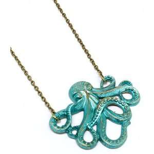   Funky Metallic Aqua Blue Octopus Necklace Antique Gold Tone: Jewelry