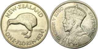 elf New Zealand 1 Florin 1934 Silver Kiwi Bird George V  
