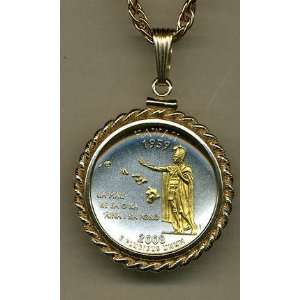 Hawaii Two Tone Rope Bezel Statehood Quarter Pendant with 18 Rope 