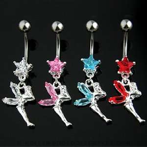 Fairy Belly Ring With Red Star and Gem Wings   14G   3/8 Bar Length 