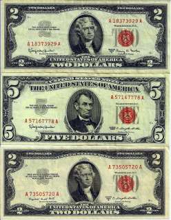 1963 $5, 1953 $2 1963 $2 RED SEAL TREASURY NOTES LOT  