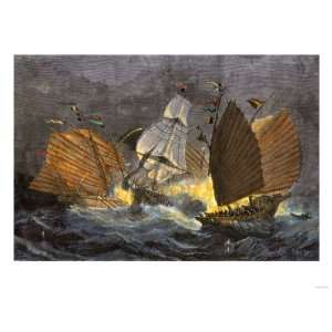  Chinese Pirates Attacking a European Merchant Ship, 1800s 