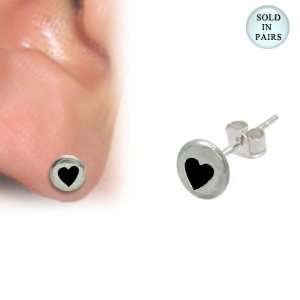  .925 Sterling Silver Enamel Black Heart Design Ear Studs Jewelry