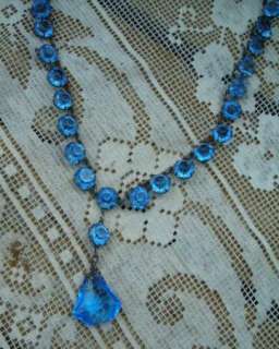Vintage Art Deco Blue Prism Crystal open Back Necklace Silver Tone 