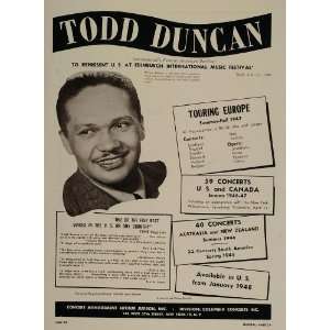 1947 Todd Duncan Black Americana Baritone Booking Ad   Original 