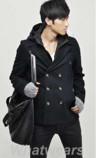   Up Hooded Slim Double Breasted Wool Trench Coat Jacket Black M~XXL Z00