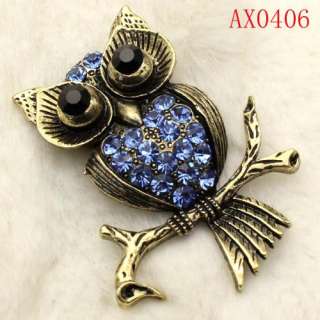 Delightful Blue Crystal Owl Antique Bronze Brooch Free shipping AX0406 