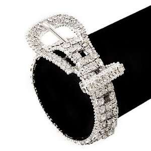 Unique Diamante Buckle Bracelet In Rhodium Plated Metal   up to 19cm 