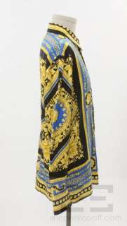   Black Blue & Gold Silk Baroque Print Button Up Shirt Sz 52  